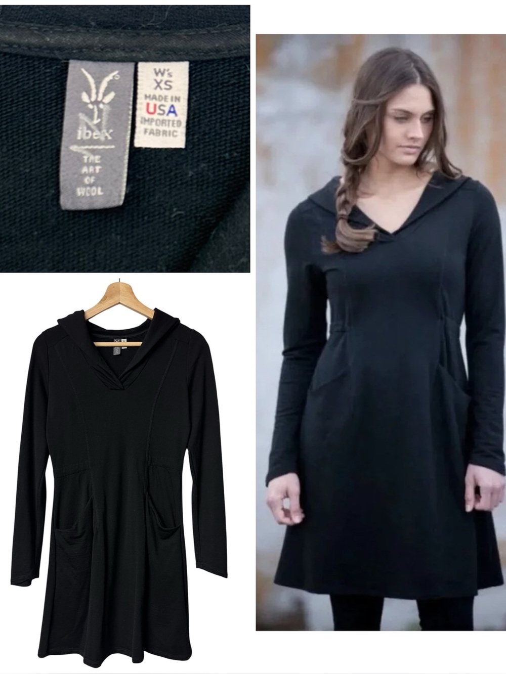 Ibex Amy Long Sleeve Tie Back Shawl Collar Merino Wool A Line Dress Pocket Black